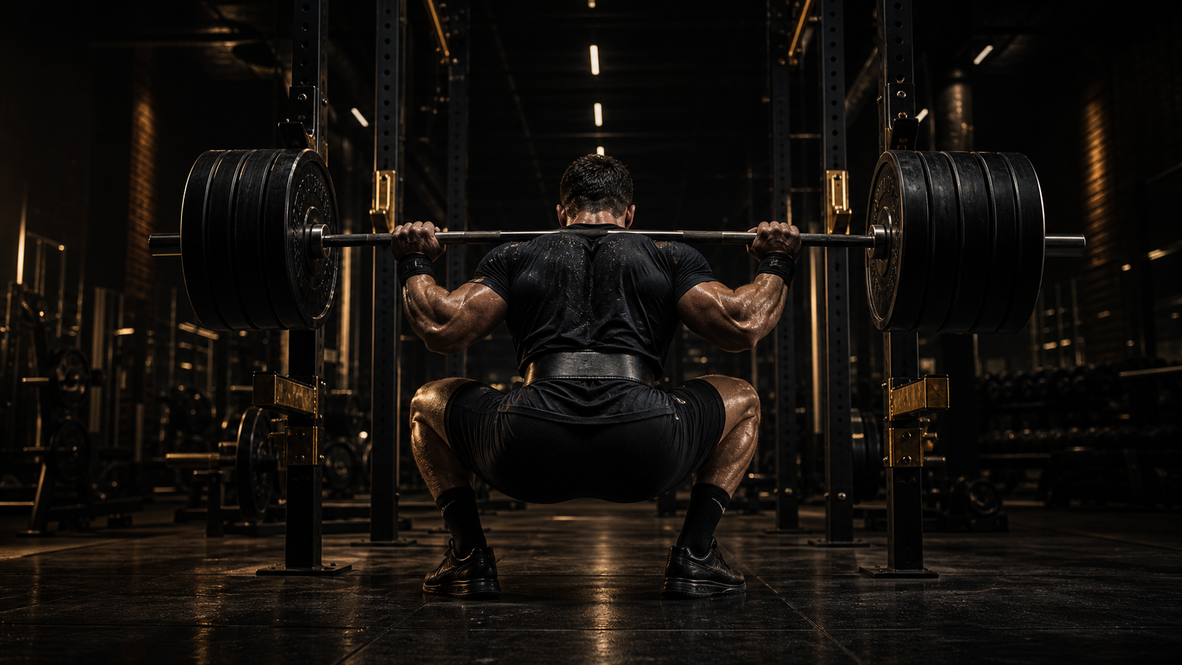 Athlete back squatting in a dark premium gym