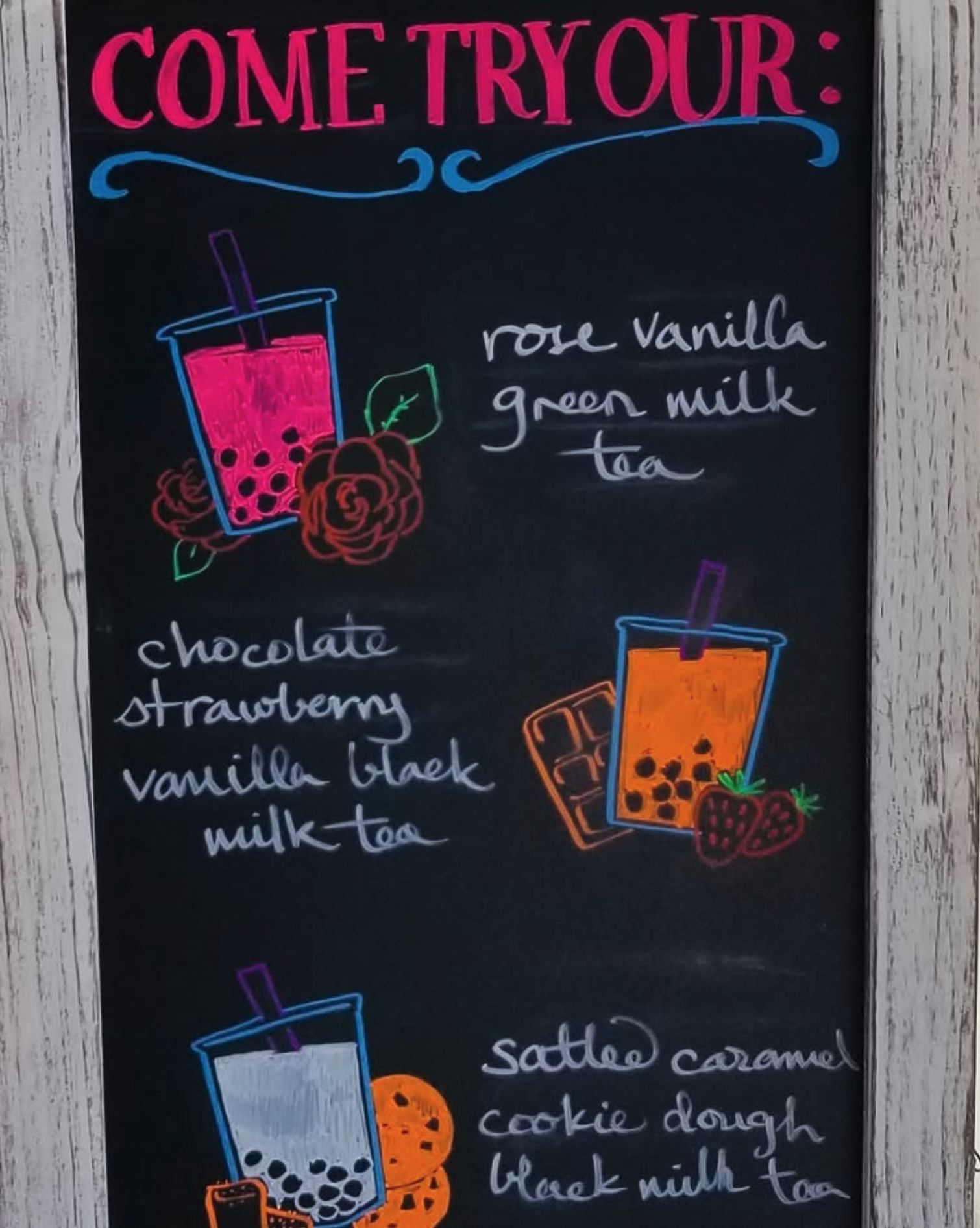 TEACISION chalkboard with come try drink specials